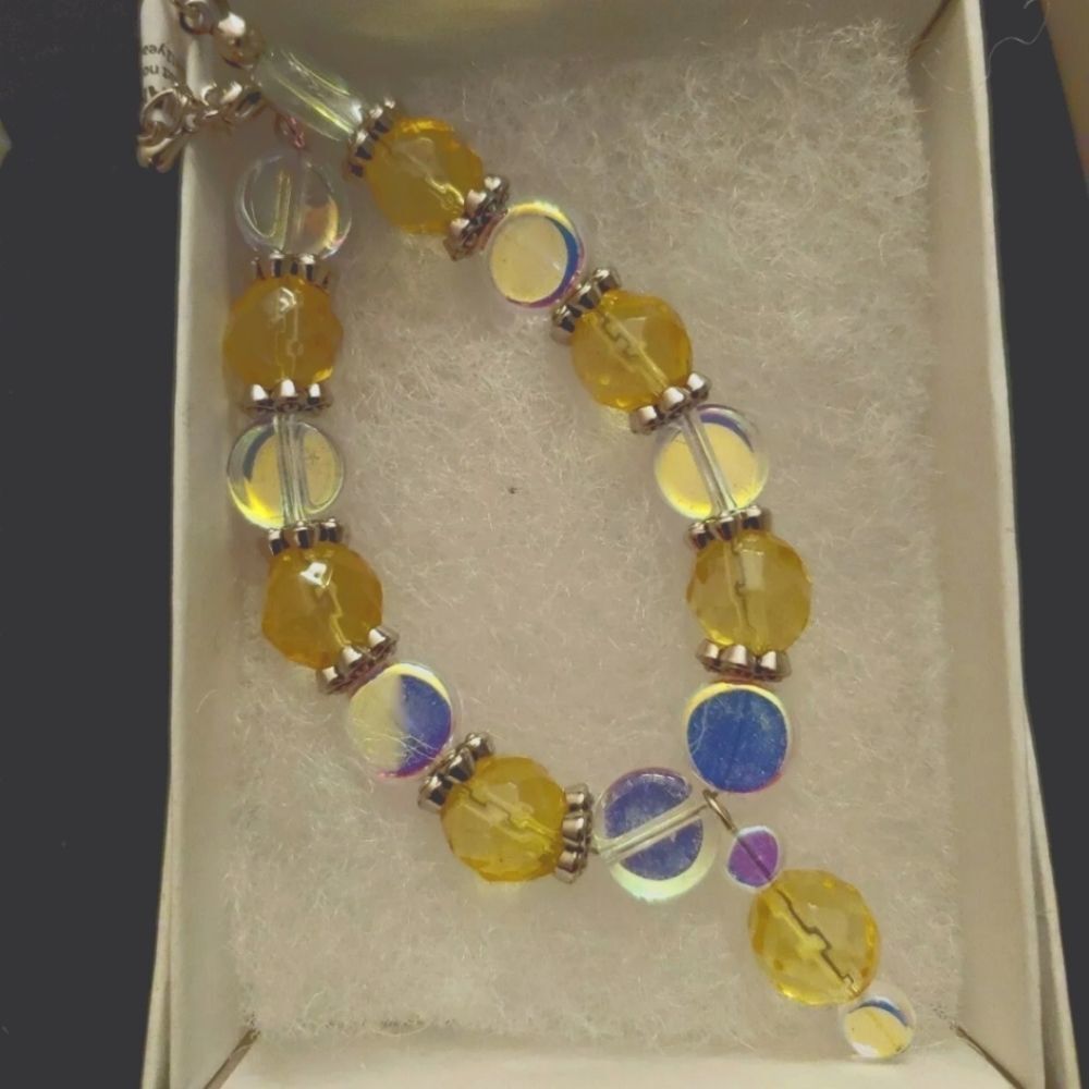 Handmade Bracelet Glass Yellow & Iridescent Beads